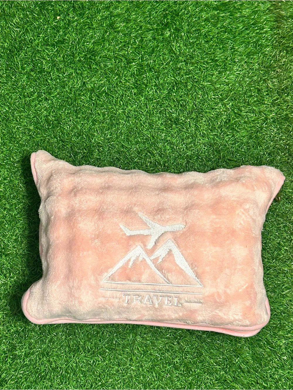 Travel Pillow with Embroidered Mountain & Plane Motif